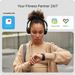An infographic titled "Your Fitness Partner 24/7" showing compatibility icons for Apple Health, Samsung Health, and Google Fit. Below, a photo shows a woman wearing headphones and a hoodie outdoors, checking a smartwatch on her wrist.